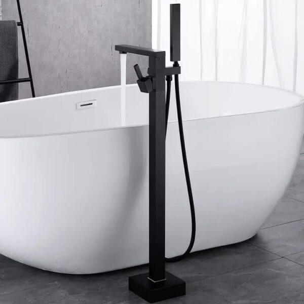 Black Square Freestanding Bath Mixer with Floor Mount - Image 2