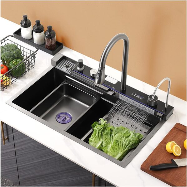 Black Smart Multifunctional Sink 304 Stainless Steel With Integrated Faucet, 75*45cm luxury kitchen sink