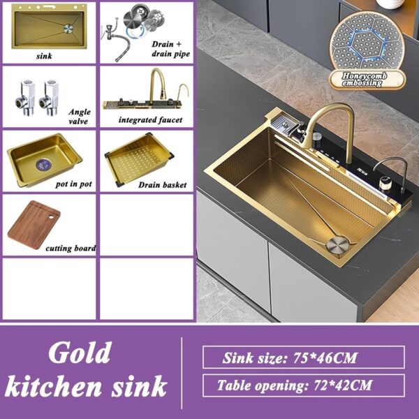 Golden Multifunctional 304 Stainless Steel Kitchen Sink with Smart Faucet - Image 4