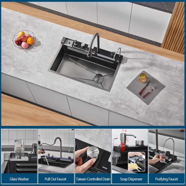 Black Smart Multifunctional Sink 304 Stainless Steel With Integrated Faucet, 75*45cm luxury kitchen sink - Image 4