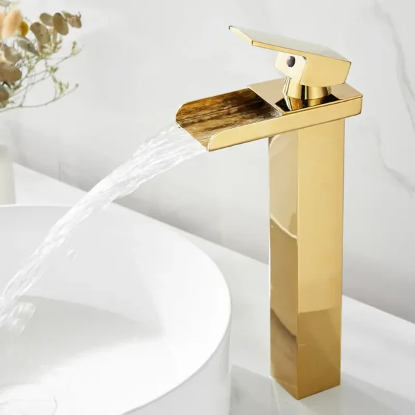 Extended Gold Half-Cut Waterfall Basin Mixer