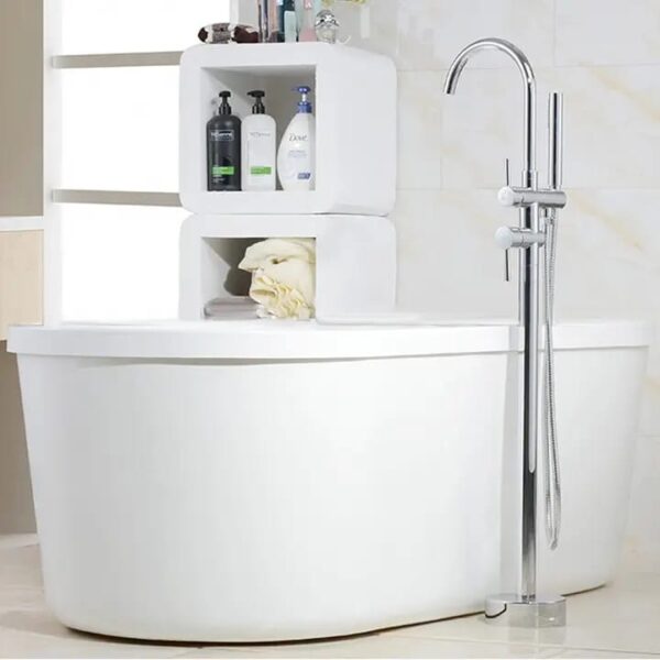 Chrome Freestanding Round Floor-Mount Bath Mixer