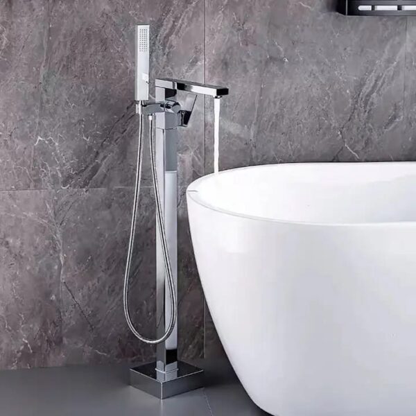 Chrome Freestanding Square Floor-Mount Bath Mixer